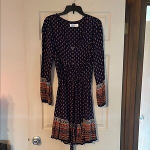 Time and Tru Patterned Long Sleeve Dress - Navy and Orange
